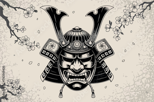 A powerful black and white illustration depicts a detailed samurai helmet (kabuto) with a fearsome mask (menpo), surrounded by delicate cherry blossom branches. 
