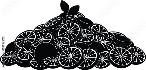 A large pile of sliced citrus fruits forming a mound with a distinctive silhouette style