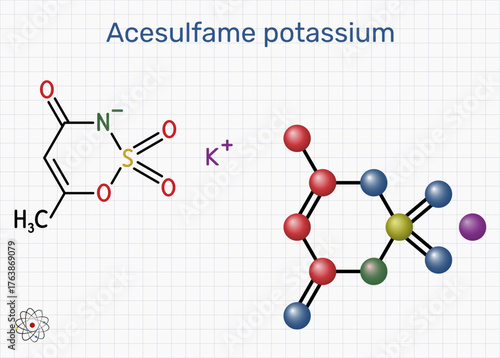 Acesulfame K molecule. High-intensity noncaloric sweetener E950 for beverages, bakery and tabletop blends. Sheet of paper in a cage. Vector Illustration