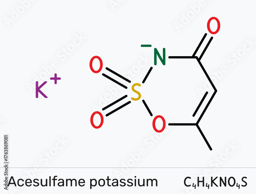 Acesulfame K molecule. High-intensity noncaloric sweetener E950 for beverages, bakery and tabletop blends. Vector illustration