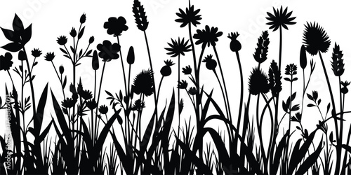 A dense and varied collection of wild meadow grasses and flowers in a stark black silhouette against a white background silhouette