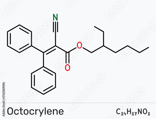 Octocrylene molecule. UVB/short-UVA sunscreen filter; photostability booster for avobenzone. Vector illustration