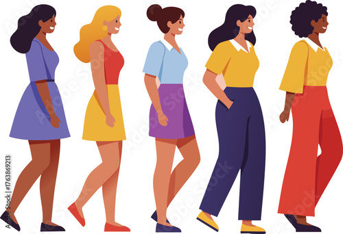 Diverse group of women walking side view in casual colorful clothes vector illustration 