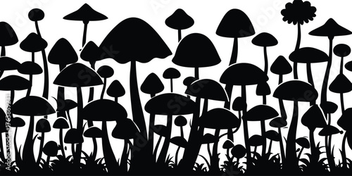 A dense forest floor filled with various mushroom shapes and sizes rendered in a striking black silhouette against a white background