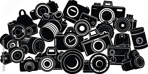 A chaotic artistic jumble of vintage and modern camera silhouettes in a dynamic cluster silhouette