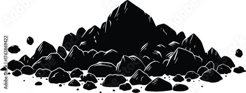 A striking black silhouette of a jagged mountain range with sharp peaks and rocky textures against a white background silhouette