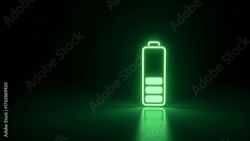 Minimal glowing battery icon on dark background with neon green outline. Left-side copyspace for text, representing energy or power.