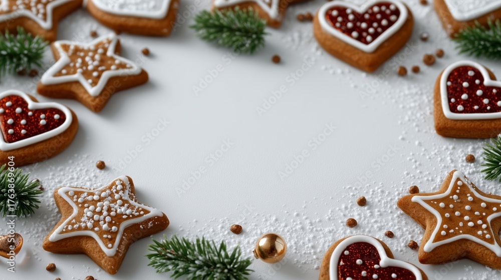 Fototapeta premium Flat lay of assorted Christmas cookies in star, heart, and tree shapes on white background, powdered sugar dusted, elegant minimal composition, New Year vibe, festive sweetness, and cozy charm