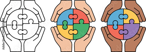 Diverse hands holding completed jigsaw puzzle symbolize collaboration teamwork and problem solving success