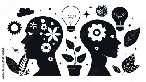 Two silhouetted heads illustrating concepts of creativity innovation and growth