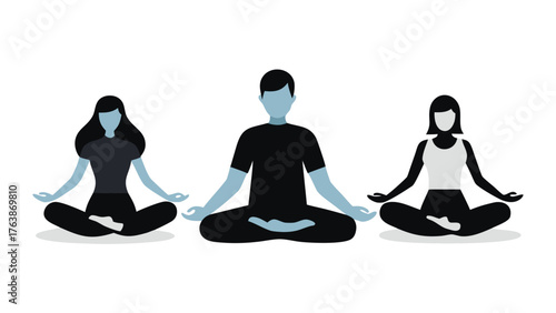 Three diverse people meditating together in a peaceful lotus pose on a white background