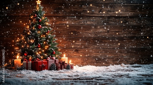 Christmas Scene with Light Wood Wall, Branch Tree, Candles and Gingerbread in Snow, Rustic Background Front View