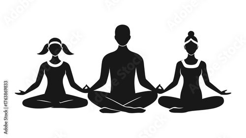 Three people silhouettes meditating together in a lotus pose holding hands