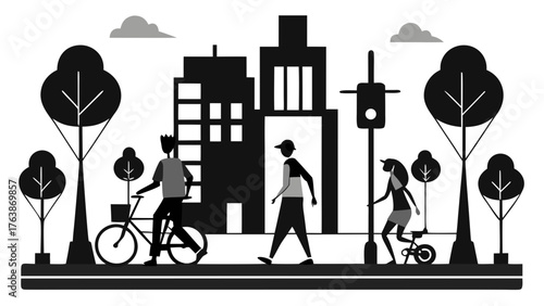 Diverse people enjoying urban life cycling and walking past city buildings and trees
