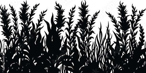 A dense field of tall grass and reeds depicted in a striking black silhouette against a white background