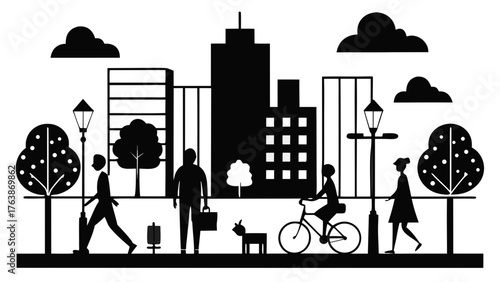 Silhouetted city park scene with people walking biking and a dog near buildings