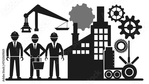 Industrial workers and factory with gears and crane symbolizing manufacturing and production