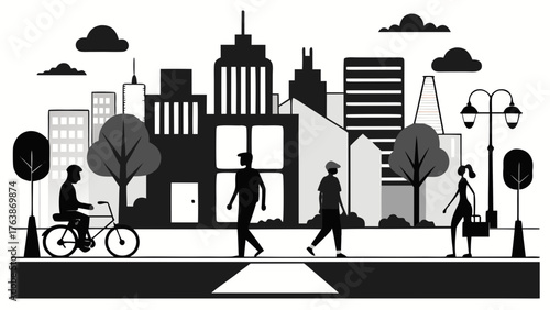 Modern city skyline with silhouetted people walking and cycling on a street