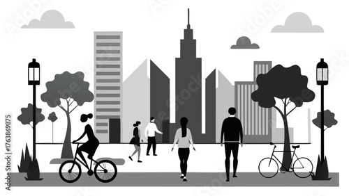 Diverse people enjoying a city park with bicycles and modern buildings in the background