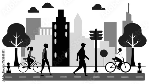 Diverse people cycling and walking on city street with buildings and trees