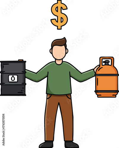 Man Holding Oil Barrel and Gas Cylinder with Dollar Symbol Representing Energy Costs and Market Choices Vector Illustration 