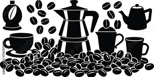 Collection of coffee related items including a moka pot coffee cups and coffee beans in a striking silhouette style