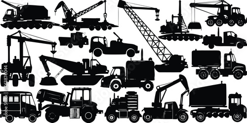 Collection of various construction vehicles and heavy machinery depicted in a stark black silhouette style
