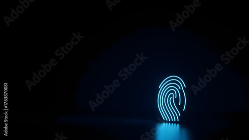 Minimal glowing fingerprint icon on dark background, representing cybersecurity. Ample empty space for text or design placement.