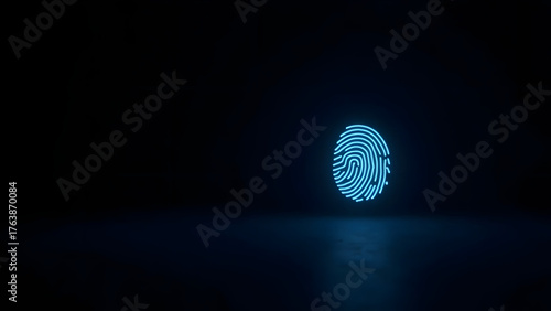 Minimal glowing fingerprint icon on dark background, representing cybersecurity. Ample empty space for text or design placement.