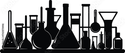 Collection of various laboratory glassware and equipment arranged in a silhouette against a white background for science and research concepts silhouette