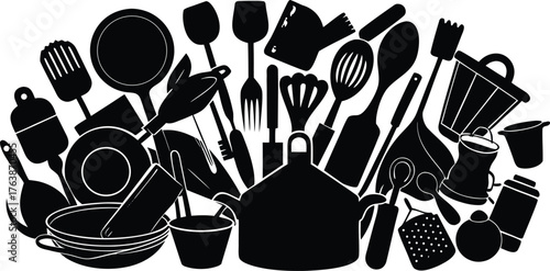 A diverse collection of kitchen utensil silhouettes arranged in a circular pattern for cooking and baking preparation silhouette