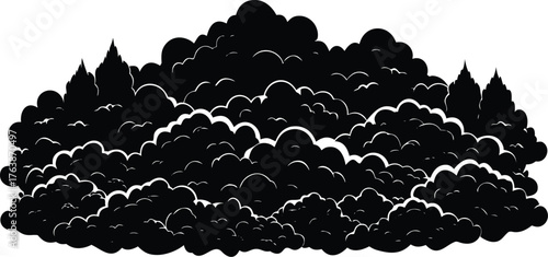 Abstract dark black silhouette of a dense forest canopy or mountain range with sharp peaks and rounded shapes against a white background silhouette