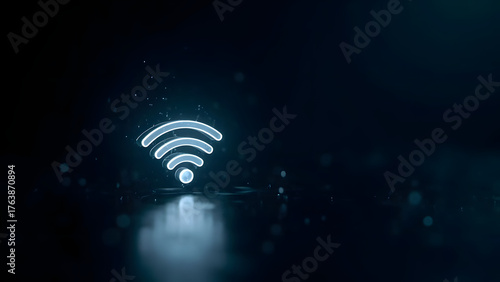 Minimal glowing Wi-Fi icon on dark background with holographic lines. Right-side copyspace allows text or design placement, symbolizing digital connectivity.