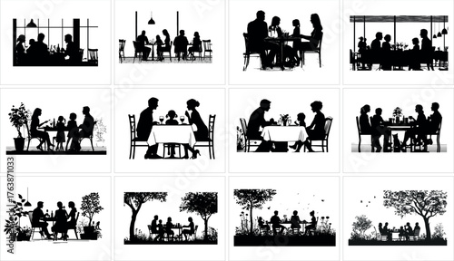 Collection of people dining in restaurants and outdoors isolated on white background