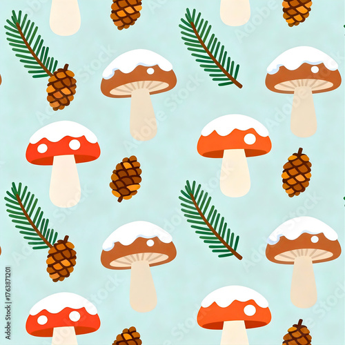 PATTERN FUNGHI E PIGNE IN INVERNO