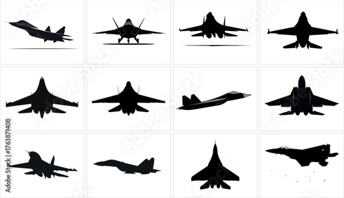 Collection of fighter jet silhouette isolated on white background