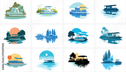 Collection of houseboats and floating homes on water isolated on white background