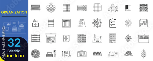 A set of 32 editable vector line icons for business organization, corporate structure, teamwork, and planning concepts.