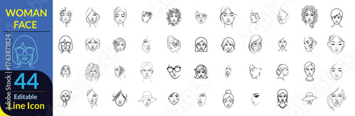 A set of 32 editable vector line icons featuring diverse female faces, avatars, and symbols related to beauty and expression.