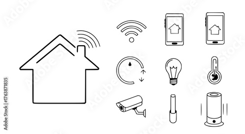A set of linear icons for smart home: house, Wi-Fi, smartphone, light bulb, camera, thermometer, voice assistant.