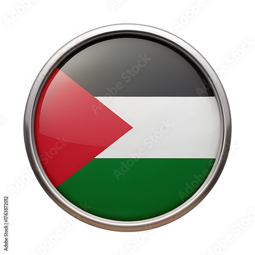 Free Download Circular Palestine flag emblem, with metallic border and glossy finish, cutout, PNG isolated on white or transparent background - GFXLoad