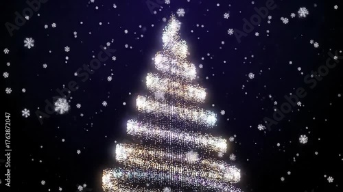 Sparkling christmas tree with falling snowflakes illuminating a winter night