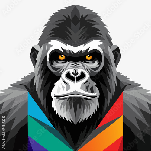 Powerful Gorilla Portrait Vector Art with Vibrant Rainbow Chest Detail