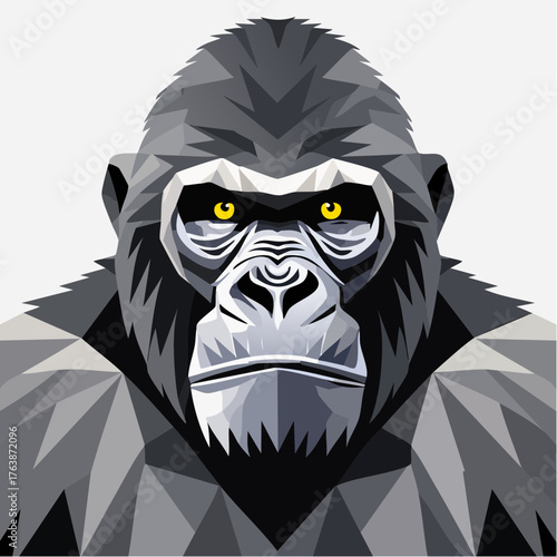 Geometric vector portrait of a powerful silverback gorilla. The stylized illustration features a low-poly design with sharp angles and intense yellow eyes, conveying strength and majesty