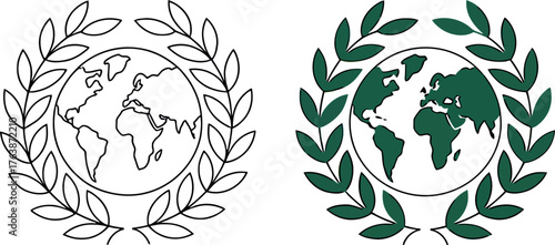 Earth Globe Surrounded by Laurel Wreath in Black and White and Color Versions