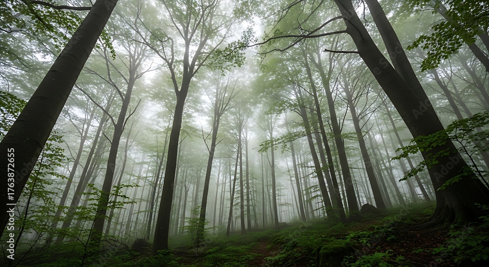 Fototapeta premium Looking up through tall trees in a misty green forest canopy on a foggy day