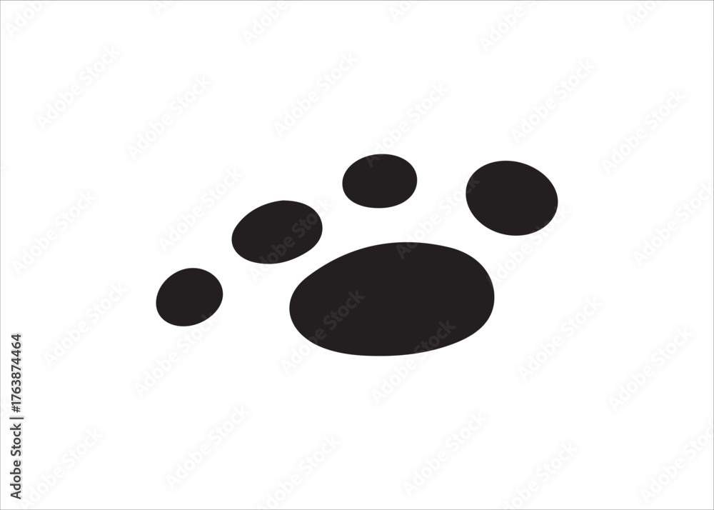 Fototapeta premium Vector icon of a single black animal paw print, a simple silhouette of a dog or cat track symbolizing a wildlife trail or a pet's journey