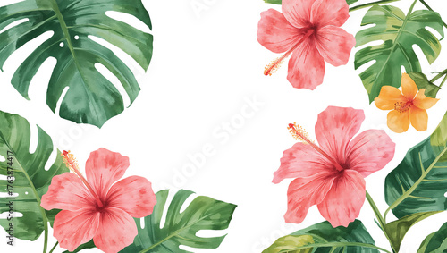 Fototapeta Naklejka Na Ścianę i Meble -  Illustration of watercolor tropical leaves and flowers frame isolated on transparent background