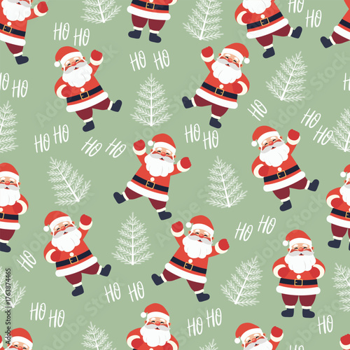 Christmas seamless pattern with Santa Claus and pine trees on a green background
