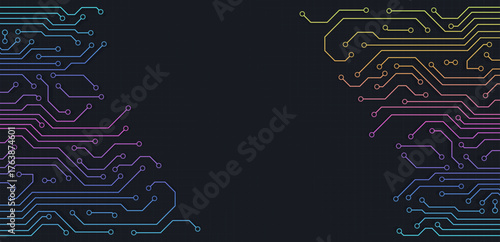 Obraz na plátne Flat colorful microelectronics circuit board banner isolated on a dark background